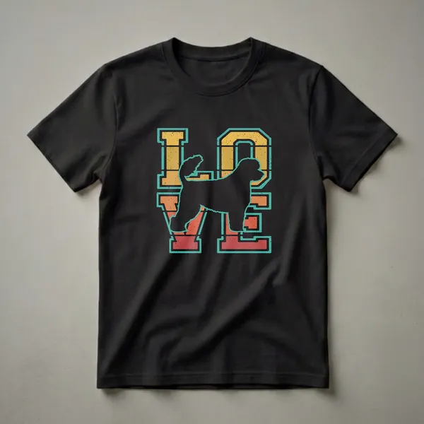 Black t-shirt featuring a retro graphic design with the word 'LOVE' in distressed yellow, orange, and red blocks, and a black silhouette of a Portuguese Water Dog replacing the letter 'O'.