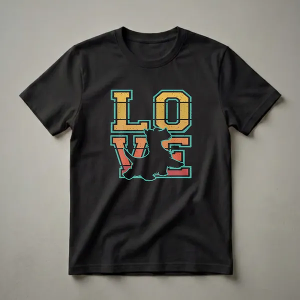 Retro graphic t-shirt featuring the word 'LOVE' in distressed yellow, orange, and red stripes, with a white Scottish Terrier silhouette in the center.