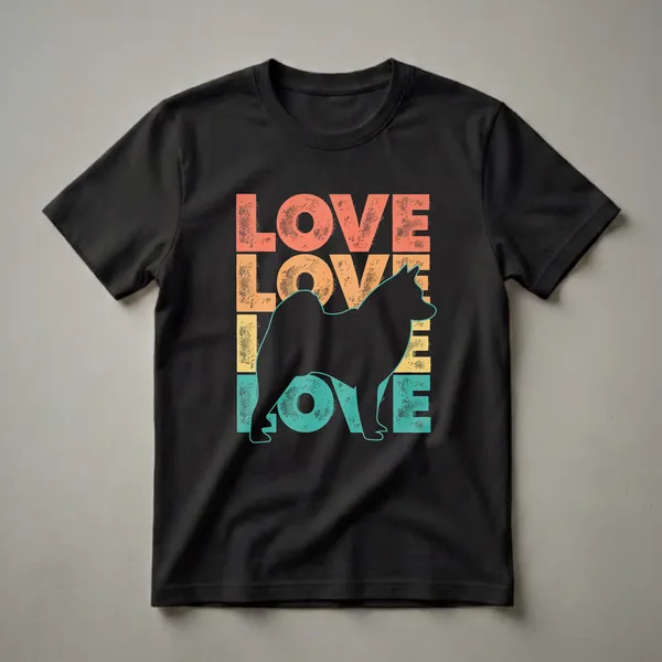 Black graphic t-shirt with stacked retro 'LOVE' text in coral, orange, and teal, featuring a black silhouette of a Norwegian Elkhound dog in the center.