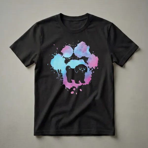 Black silhouette of a Shih Tzu dog with a fluffy tail, set against a vibrant watercolor splash of pink and blue paint splatters on a black background.
