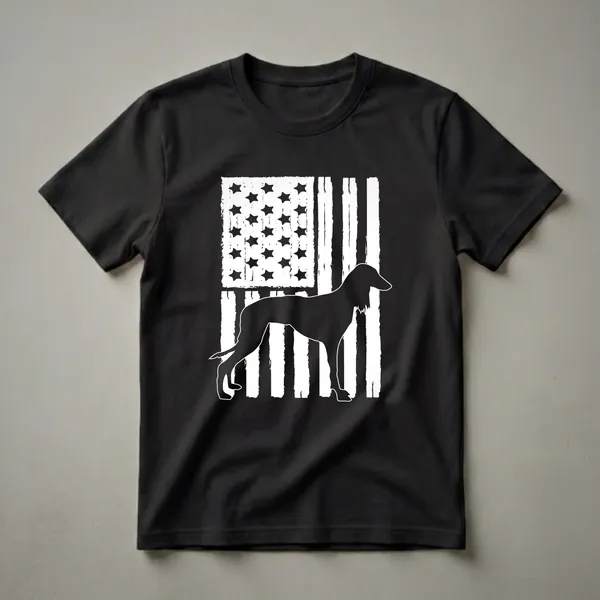 Black t-shirt featuring a white outline silhouette of a Saluki dog standing in front of a distressed American flag graphic with white stars and stripes.
