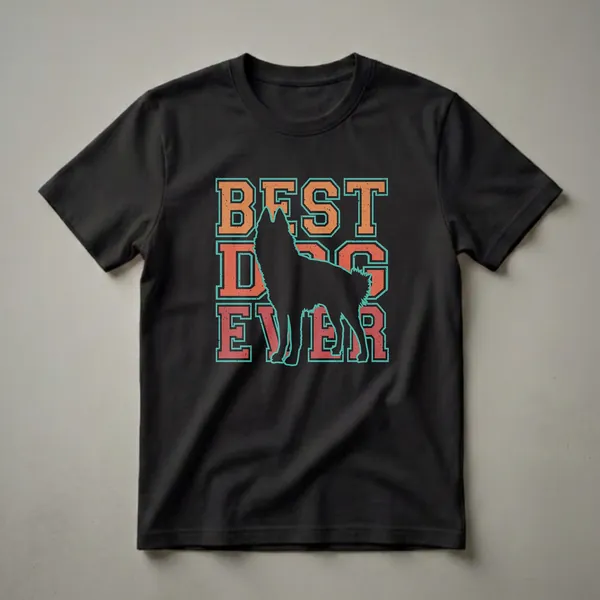 Black t-shirt featuring a silhouette of a Schipperke dog in the center, surrounded by distressed, retro-style lettering in orange and teal that reads "BEST DOG EVER".