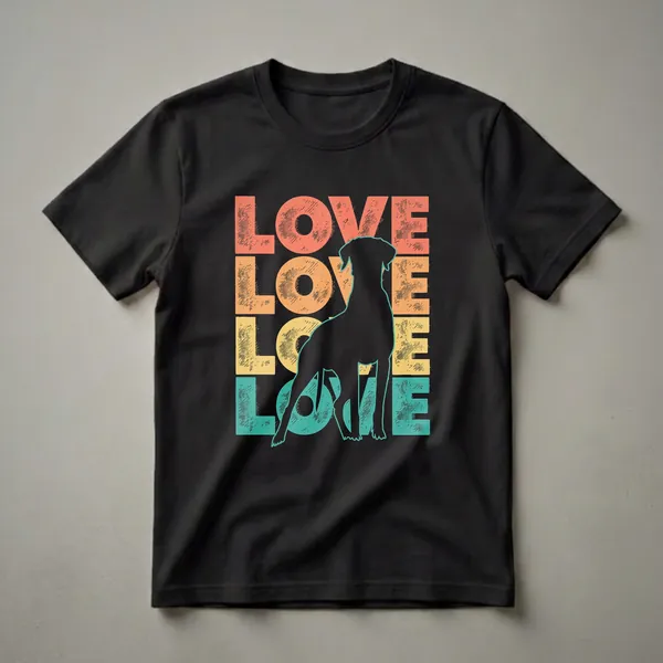 Black graphic t-shirt featuring a black silhouette of a Pointer dog in front of stacked, distressed text that spells "LOVE" in retro coral, orange, yellow, and teal.