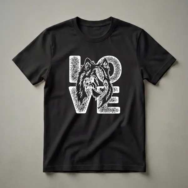 Black t-shirt with a white graphic design that spells out 'LOVE', with the head of a Rough Collie dog replacing the letter 'O'. The letters have a distressed texture.