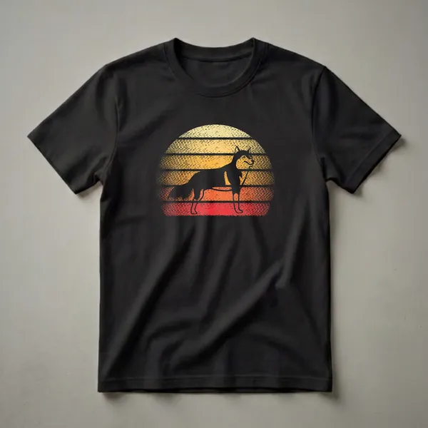 Black Siberian Husky silhouette against a retro sunset with horizontal stripes in yellow, orange, and red, on a black t-shirt.