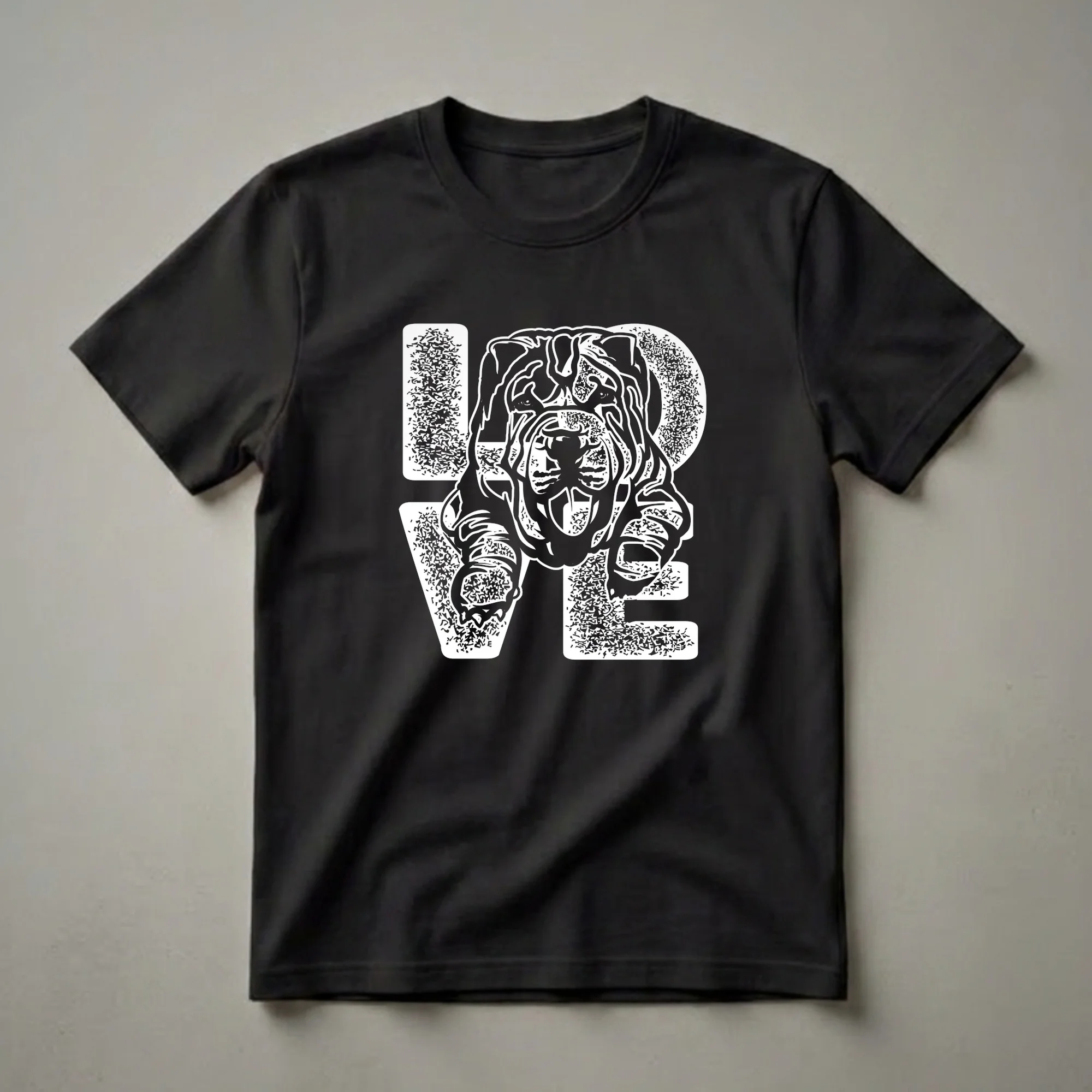 White graphic t-shirt featuring the word 'LOVE' with a Shar Pei dog's face and paws incorporated into the letters, set against a black background.