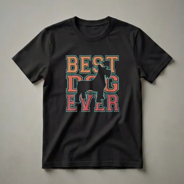 Black t-shirt featuring the words 'BEST DOG EVER' in distressed orange and teal collegiate lettering, with a black silhouette of a Miniature Schnauzer dog in the center.