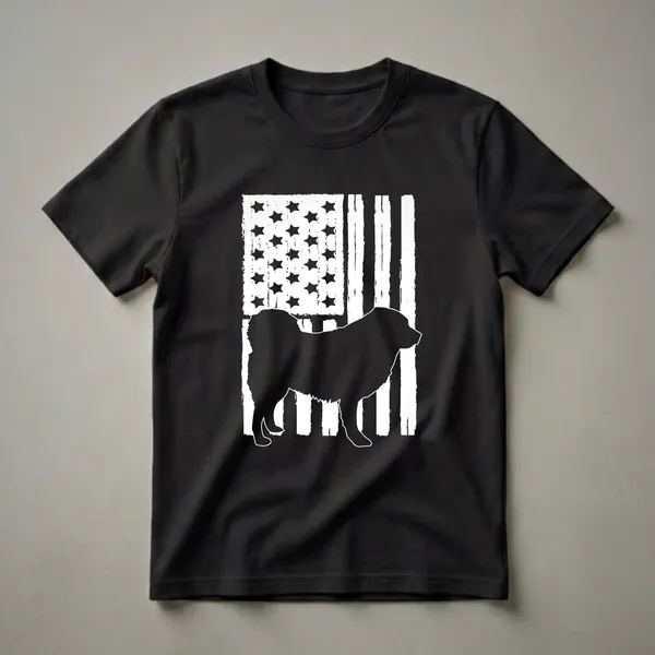 Black silhouette of a Tibetan Spaniel dog in front of a distressed white and black American flag graphic, on a black t-shirt.