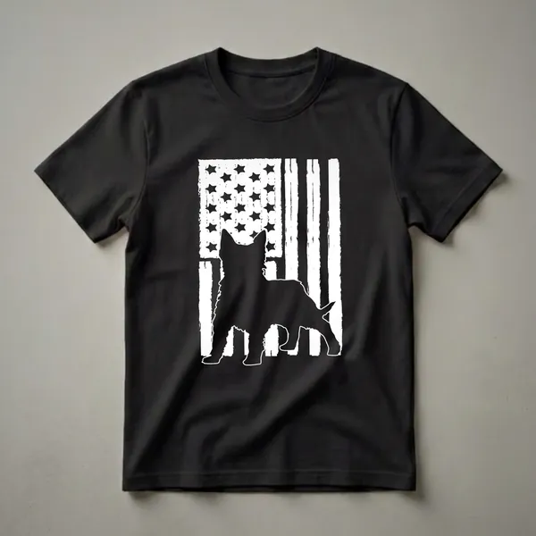 Black Silky Terrier silhouette against a distressed white and black American flag graphic on a t-shirt.