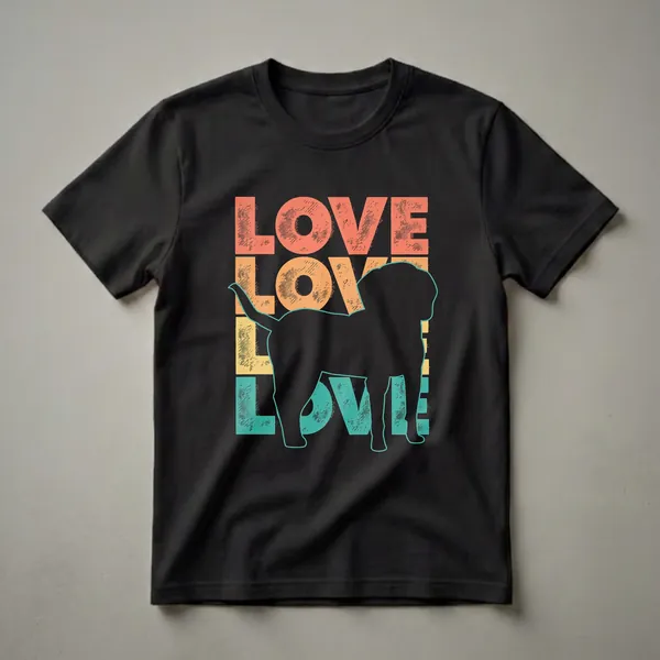 Black graphic t-shirt featuring a silhouette of a Treeing Walker Coonhound dog with the word 'LOVE' in distressed retro colors: coral, orange, and yellow.