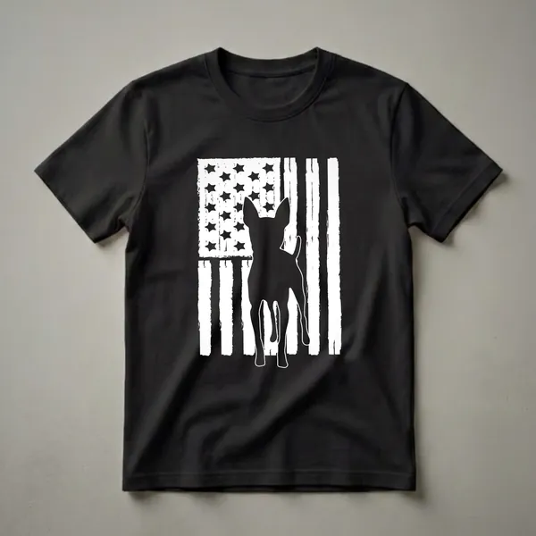 Black silhouette of a Toy Fox Terrier dog standing in front of a distressed white and black American flag, on a black t-shirt.