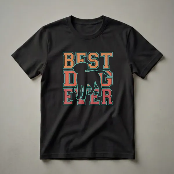 Black graphic t-shirt featuring the words 'BEST DOG EVER' in distressed orange and teal varsity lettering, with a black silhouette of a dog in the center.