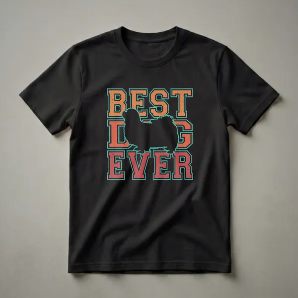 Black Tibetan Spaniel silhouette on a black t-shirt, with distressed orange and teal varsity lettering spelling "BEST DOG EVER".