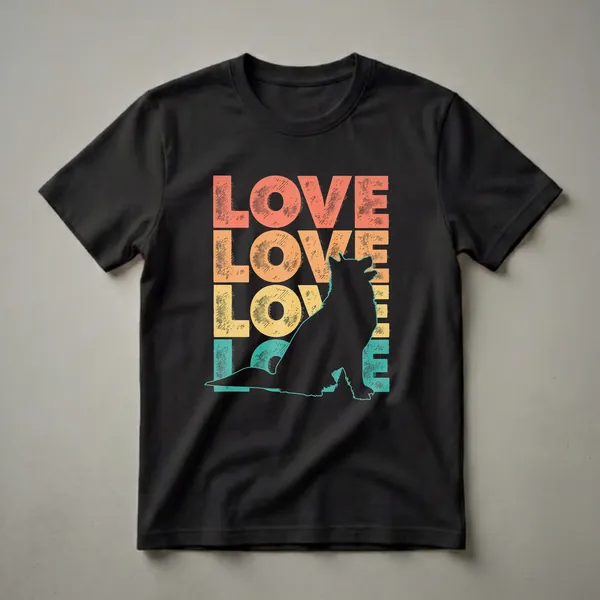 Black t-shirt with retro stacked 'LOVE' text in coral, orange, yellow, and teal, featuring a black silhouette of a sitting Siberian Husky with a teal outline.