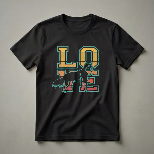 Black t-shirt featuring the word 'LOVE' in a retro, distressed font with a black silhouette of a Siberian Husky standing in the center, against a teal, orange, and yellow sunset graphic.