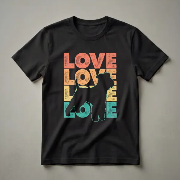 Black t-shirt featuring the word LOVE stacked vertically in retro coral, orange, yellow, and teal colors, with a black silhouette of a Welsh Terrier dog in the center.
