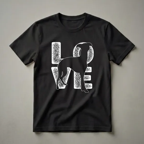 Black t-shirt with a white graphic design that spells out 'LOVE' with a silhouette of a Whippet dog in the center of the word.