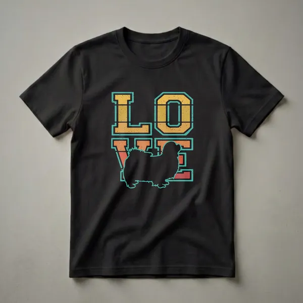 Black graphic t-shirt featuring the word 'LOVE' in retro colors, with a black silhouette of a Tibetan Spaniel replacing the letter 'V'.