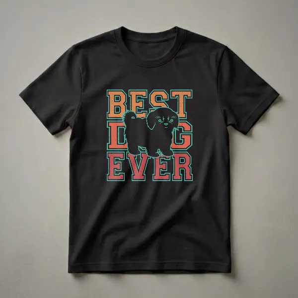 Black graphic t-shirt featuring a black Shih Tzu silhouette in front of distressed orange and teal varsity lettering that reads 'BEST DOG EVER'.