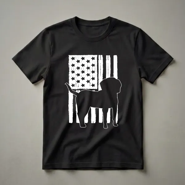 Black silhouette of a Treeing Walker Coonhound dog against a distressed white and black American flag graphic on a black t-shirt.