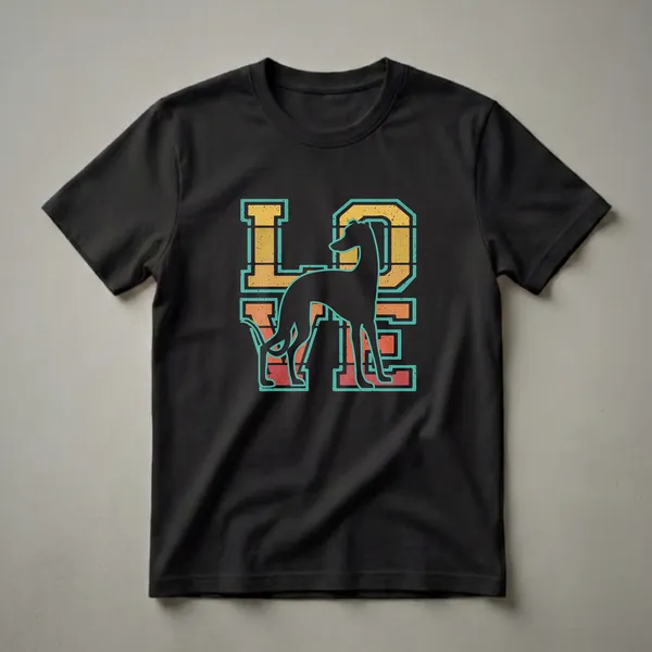Black graphic t-shirt featuring the word 'LOVE' in retro sunset colors, with a black Whippet dog silhouette replacing the letter 'O'.