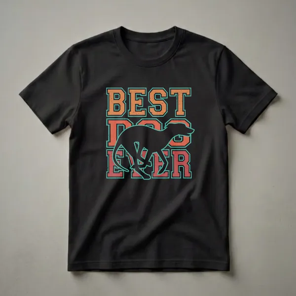 Black graphic t-shirt featuring the words 'BEST DOG EVER' in distressed orange and teal block letters, with a black silhouette of a running whippet in the center.