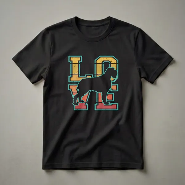 Black t-shirt featuring the word 'LOVE' in retro colors (teal, yellow, orange) with a black silhouette of a Wirehaired Pointing Griffon dog in the center, all with a distressed texture.