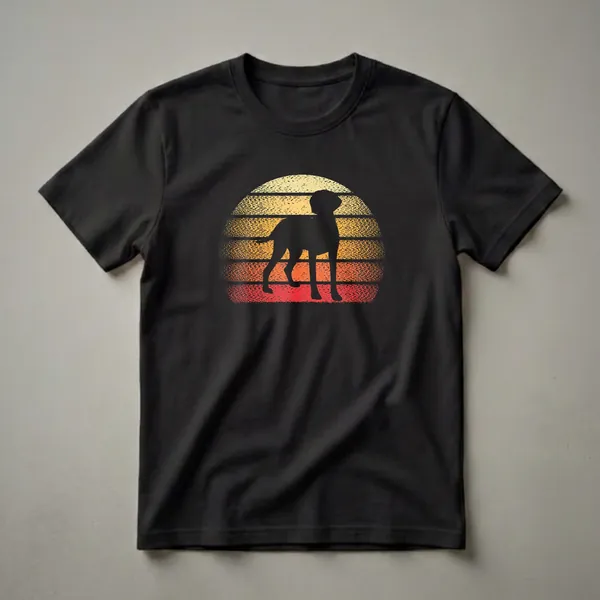 Black silhouette of a Vizsla dog standing in front of a retro sunset with yellow, orange, and red stripes, on a black t-shirt.