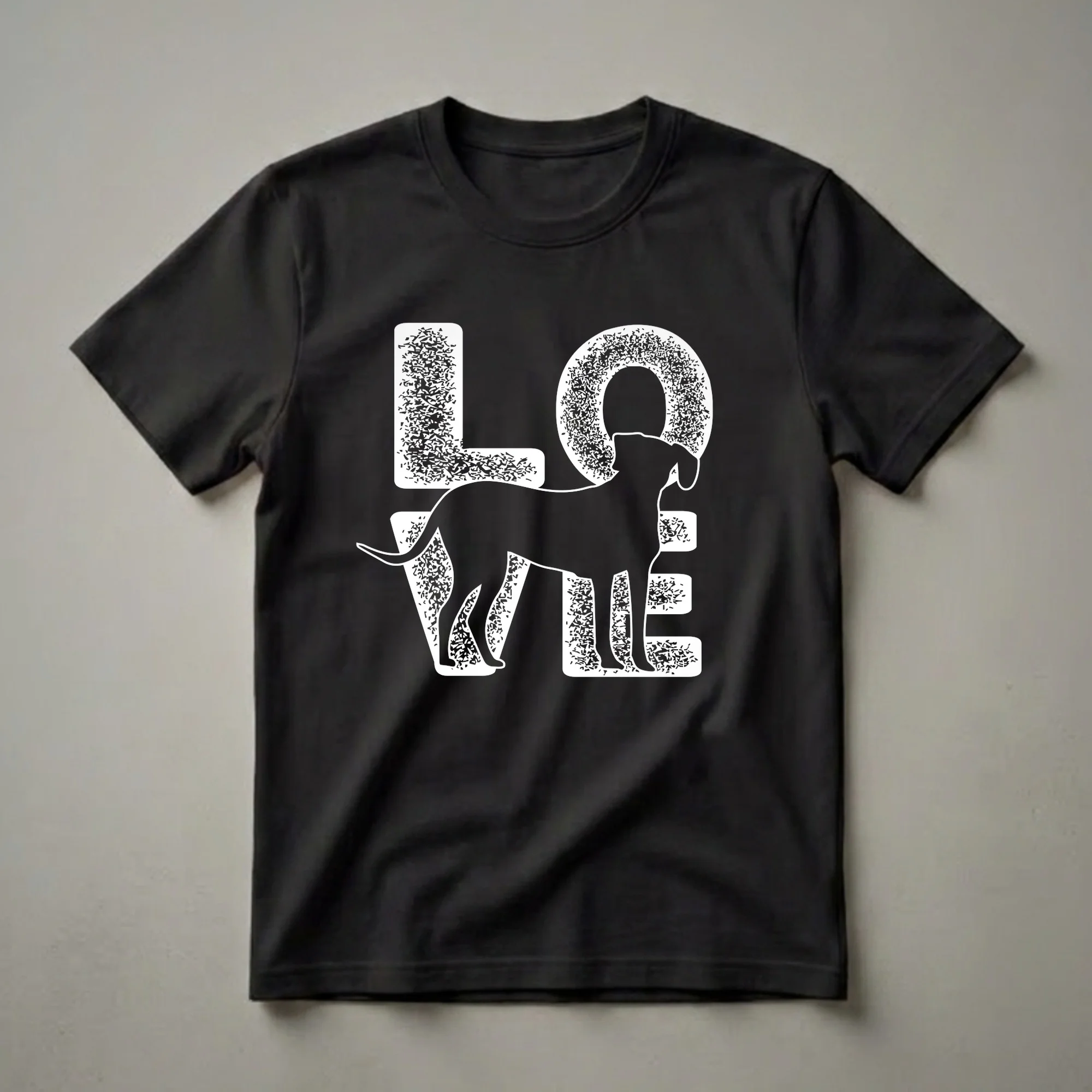 Black graphic t-shirt featuring the word LOVE in distressed white letters with a black silhouette of a Rhodesian Ridgeback dog standing in the center.