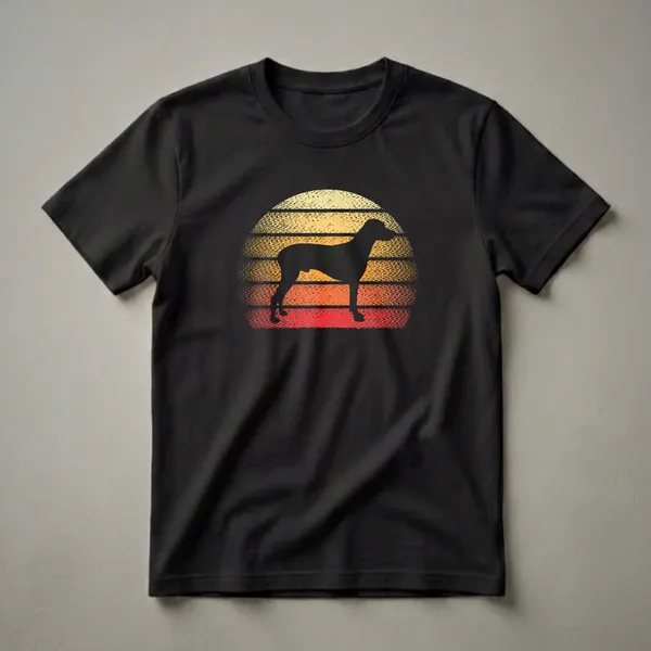Black silhouette of a Rhodesian Ridgeback dog against a retro sunset with yellow, orange, and red textured stripes, on a black t-shirt.