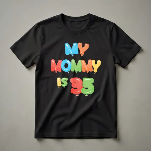 A black t-shirt with the text 'MY MOMMY IS 35' written in colorful, glossy balloon-style letters and numbers.