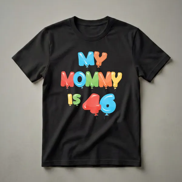 Black t-shirt with colorful balloon letters spelling 'MY MOMMY IS 46' for a 46th birthday celebration.