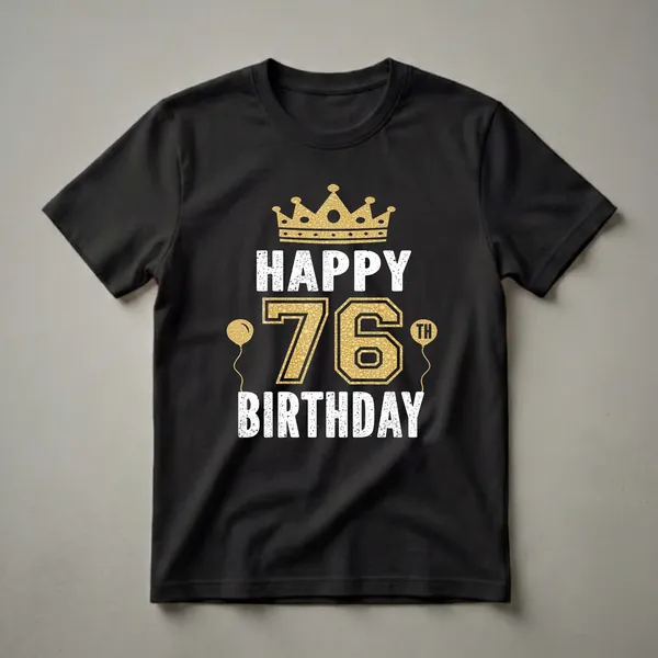 Black t-shirt with white distressed text reading 'HAPPY BIRTHDAY' and a large gold textured '76' with a gold crown and two gold balloons.