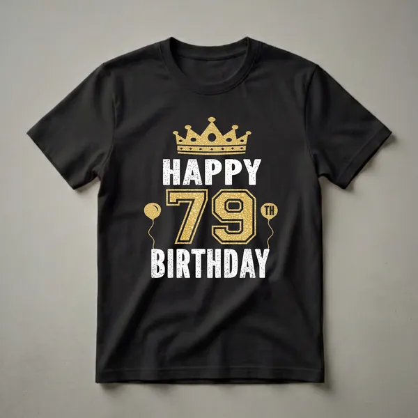 Black t-shirt with white distressed text 'HAPPY BIRTHDAY' and gold textured graphic elements including a crown, the number 79, and two balloons.