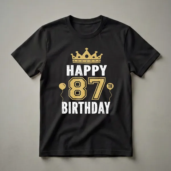 Black t-shirt with white distressed text 'HAPPY BIRTHDAY' and gold textured numbers '87' with a gold crown and two gold balloons.