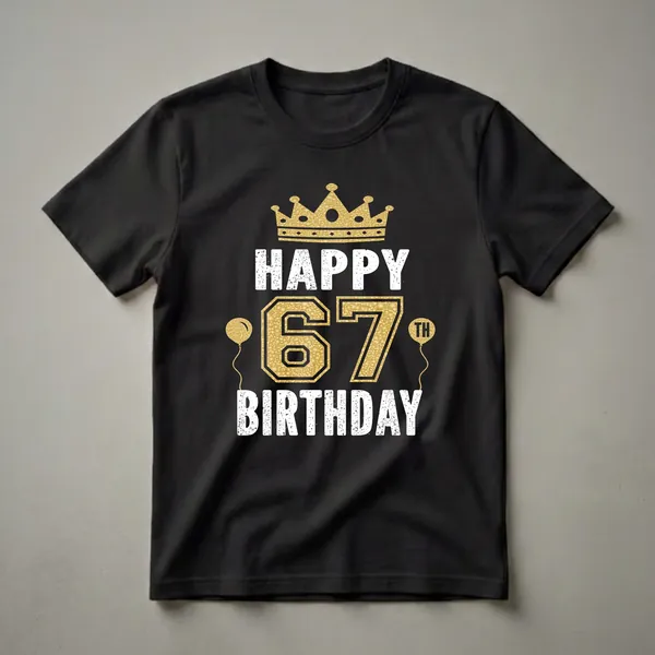 Black t-shirt with a golden crown, 'HAPPY 67TH BIRTHDAY' in distressed white and gold text, and two golden balloons.