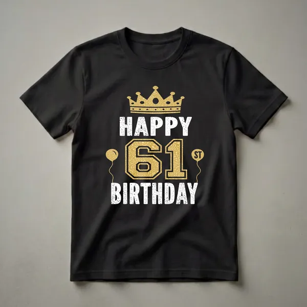 Black t-shirt with white distressed text reading 'HAPPY BIRTHDAY' and a large gold textured '61' with a gold crown and two gold balloons.