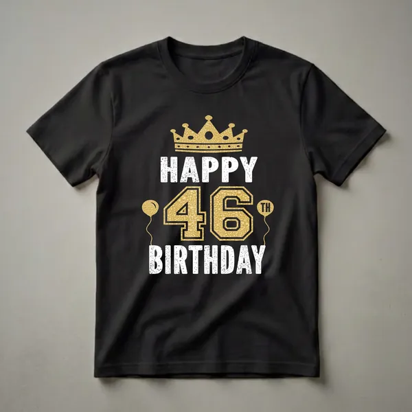 Black t-shirt with a gold crown, gold balloons, and white distressed text reading 'Happy 46th Birthday' with '46' in gold.