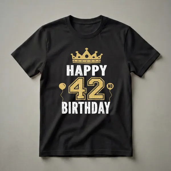Black t-shirt with white distressed text reading "HAPPY BIRTHDAY" and a large gold "42" with a golden crown and two golden balloons, one with "ND".