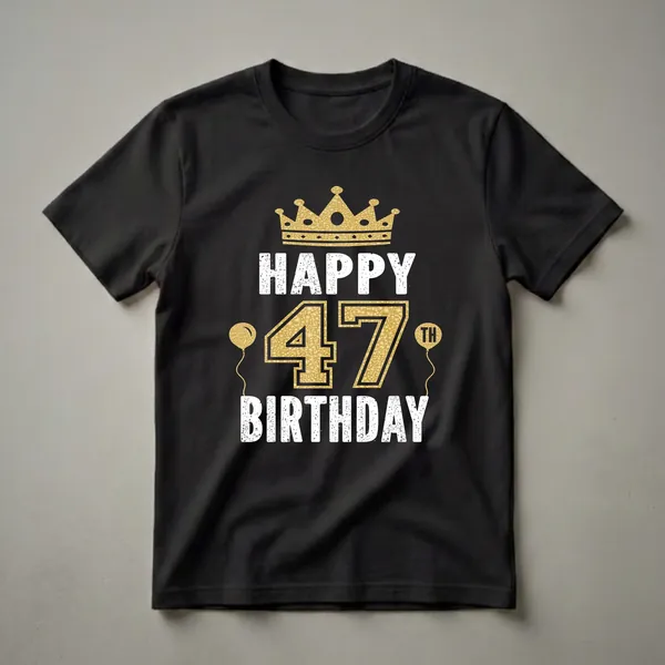 Black t-shirt with white distressed text 'HAPPY BIRTHDAY' and gold textured number '47' with a golden crown and two golden balloons.