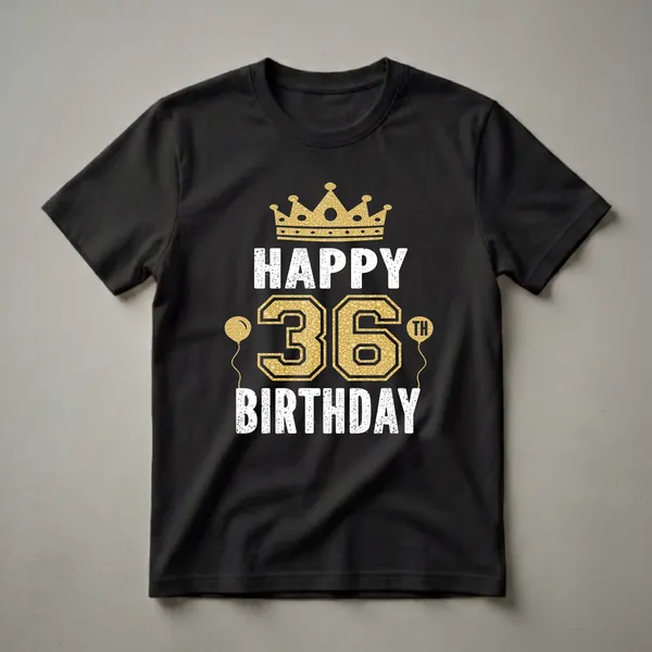Black t-shirt with white distressed lettering that reads 'HAPPY BIRTHDAY' and gold textured lettering for '36' and 'TH', topped with a gold crown and flanked by gold balloons.