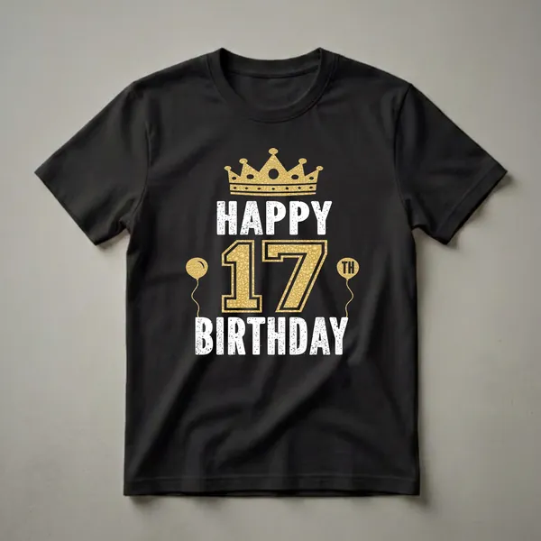 Black t-shirt with a graphic design that includes a golden crown, the number 17 in gold texture, and the words 'HAPPY BIRTHDAY' in distressed white, along with two gold balloons.