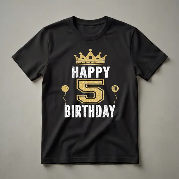 Black t-shirt with white distressed text reading "HAPPY BIRTHDAY" and a large gold "5" with a textured pattern, topped with a gold crown and flanked by gold balloons.