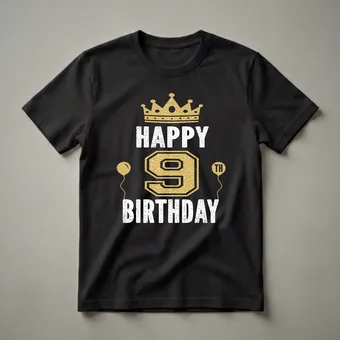Happy 9th Birthday Crown and Balloons Graphic T-Shirt for Kids