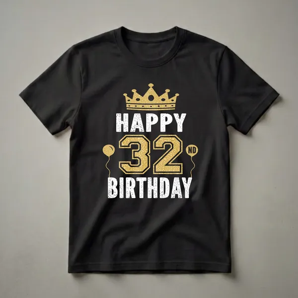Black t-shirt with distressed white text reading 'HAPPY BIRTHDAY' and gold textured numbers '32ND' with a golden crown and balloons.