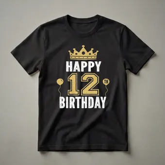 Happy 12th Birthday Crown and Balloons Graphic T-Shirt for Tweens