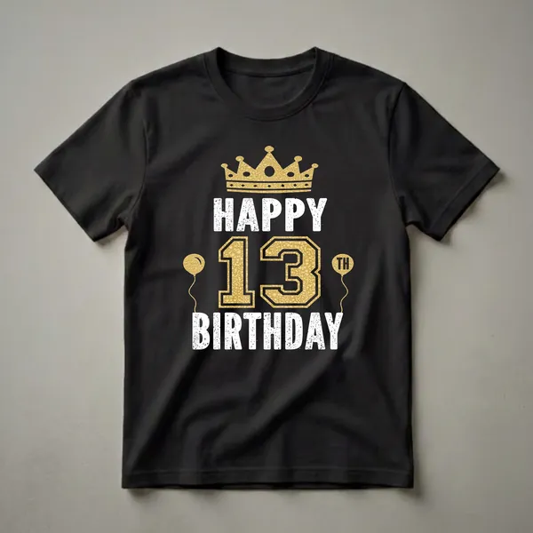 Black t-shirt with white distressed text 'HAPPY BIRTHDAY' and gold textured number '13' with a gold crown and two gold balloons.