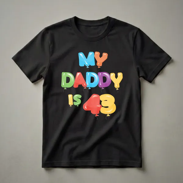 Black t-shirt featuring colorful balloon letters that spell out the phrase 'MY DADDY IS 43', with each balloon in a different bright hue.