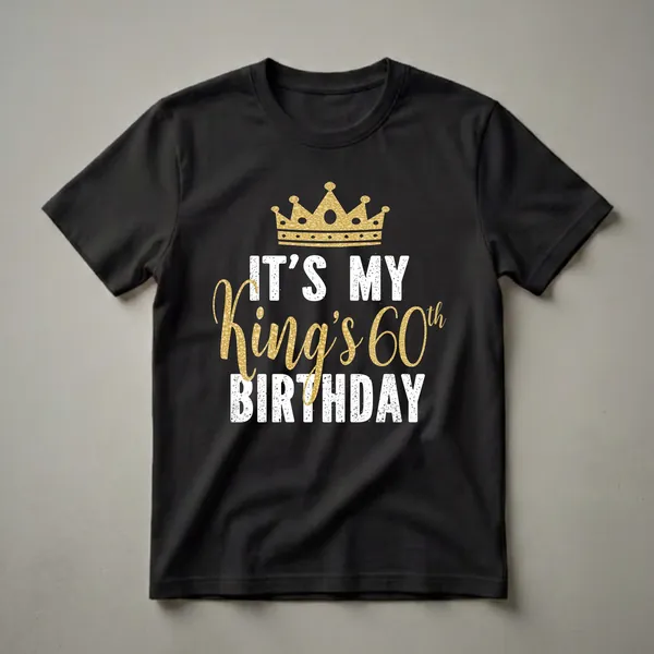 Black t-shirt with distressed white text reading 'IT'S MY' and 'BIRTHDAY', and glitter gold text reading 'King's 60th' with a golden crown graphic above.