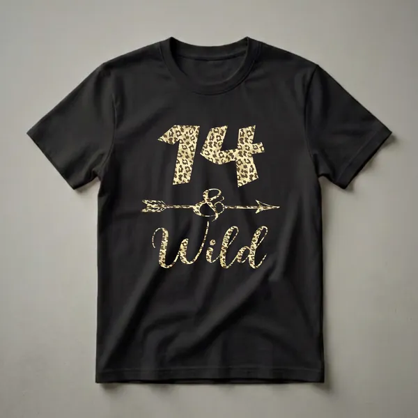 Graphic t-shirt with leopard print filling the numbers '14', an ampersand with an arrow, and the word 'Wild'.